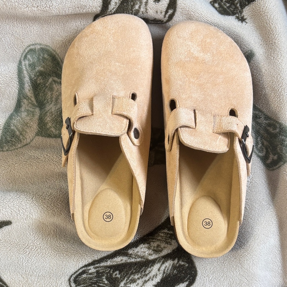 Beige Slip-On Clogs with Buckle